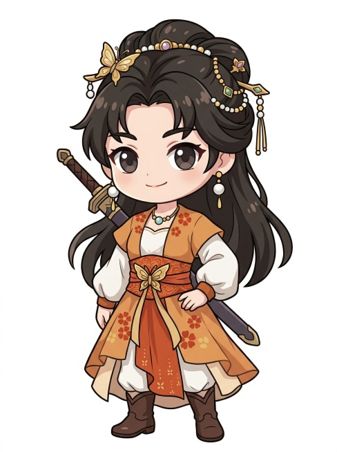 把第一张图里的古风女剑客角色，改成第二张图的Q版chibi风格，保留原角色的服饰配色和发型配饰特征，生成全身Q版像预览效果