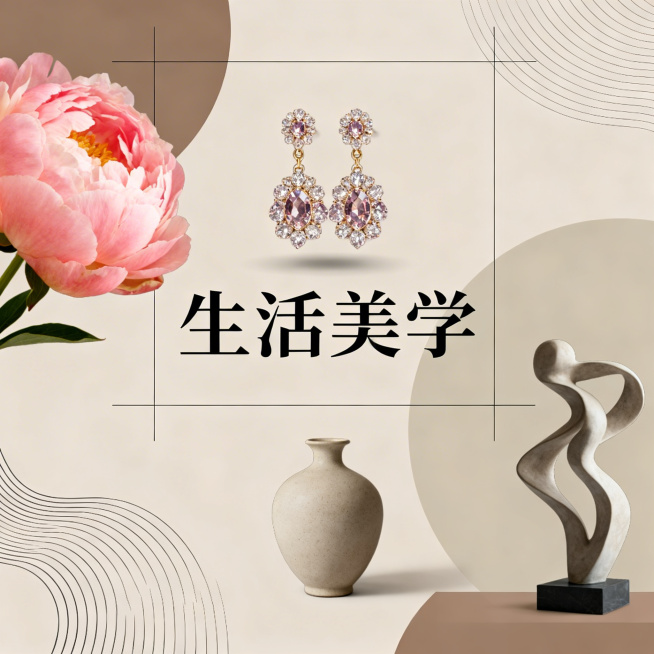 艺术拼贴风格创意海报，柔和莫兰迪色块为背景，几何构图呈现四种元素：一朵细节丰富的巨大粉色芍药在画面一角，线条流畅的潮流雕塑在另一角落，一串闪耀宝石耳环悬浮在画面中央，极简主义陶瓷花瓶作为构图稳定元素，预览效果