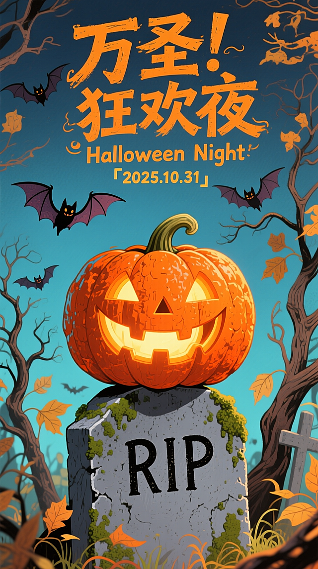复古绘本风格，画面中央是咧嘴大笑的橙色南瓜灯，坐在刻有“RIP”的灰色墓碑上，周围有蝙蝠、枯树等点缀。主标题“万圣！ 狂欢夜”，副标“Halloween Night”“「2025.10.31」”