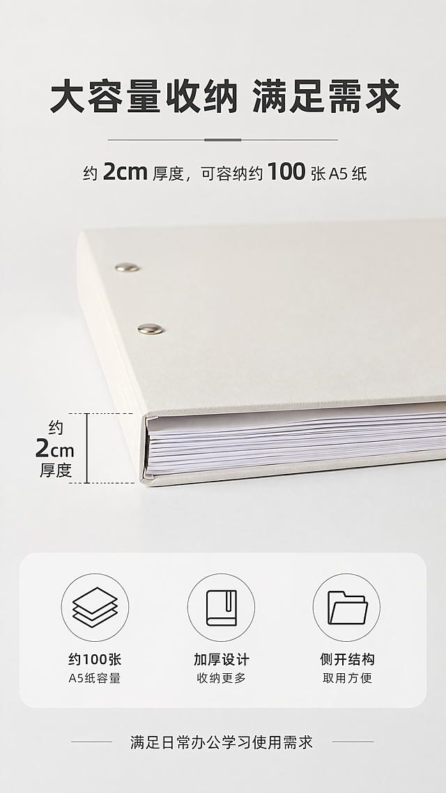 [第7屏] 容量展示-侧开厚度展示。本屏使用【图8】展示侧面厚度。
[氛围/风格] 规格展示，清晰直观，专业简约风格。
[元素布局] 文件夹侧放在浅灰色背景上，展示整体厚度，保持米白色外皮和两个顶部铆钉与输入产品图一致。标注厚度尺寸，说明可容纳纸张容量，文字排版清晰不遮挡主体。
[光影质感] 均匀布光，展示侧边层次和整体厚度，阴影自然。
[配色色系] 全局底色：#f5f5f5；主体：米白色文件夹；文字：深灰色。
[视角构图] 斜侧视角，完整展示侧面厚度，产品位于画面中心。
[文字版式] 顶部主标题「大容量收纳 满足需求」，标注尺寸约 2cm 厚度，可容纳约100张A5纸，底部补充「满足日常办公学习使用需求」，文字清晰，移动端可读。
[比例分辨率] 9:16竖版比例，4K分辨率，文字清晰可辨。
[负向提示词] 结构变形，尺寸标注错误，颜色偏差，文字错乱，背景杂乱