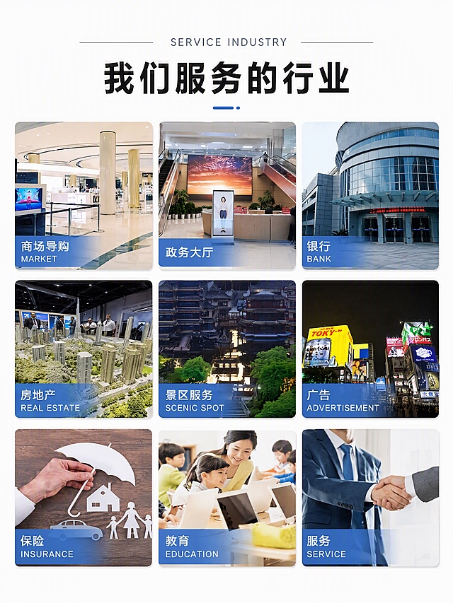 [第6张] 服务行业场景页 - 多行业应用展示。本张使用【图5】的行业场景图片素材进行重新排版美化。
[氛围/风格] 商务专业、白色简约底、卡片式拼图布局，清晰大气。
[元素布局] 顶部为标题区；下方为8格行业场景拼图，2行4列布局；每格为一张实景图配半透明蓝色标签条；图片包含商场导购、政务大厅、银行、房地产、景区服务、广告、保险、教育、服务等场景。
[光影质感] 明亮均匀光照，图片卡片有细微圆角和投影，整体干净清爽。
[配色色系] 全局底色 #FFFFFF 纯白；主色 #1E5FA8 深蓝；辅助色 #3B82F6 蓝色标签、#64748B 灰色辅助文字。
[视角构图] 正面平视，网格拼图布局，阅读动线顶部标题 → 8格场景图自上而下自左而右。
[文字版式] 顶部居中主标题「我们服务的行业」黑色粗体大字，上方英文装饰线「SERVICE INDUSTRY」灰色小字；8格场景图每格左下角或右下角配蓝色半透明标签，白色文字：「商场导购 MARKET」「政务大厅」「银行 BANK」「房地产 REAL ESTATE」「景区服务 SCENIC SPOT」「广告 ADVERTISEMENT」「保险 INSURANCE」「教育 EDUCATION」「服务 SERVICE」；图片统一圆角处理，间距均匀。
[比例分辨率] 3:4竖版比例，4K分辨率，文字清晰可辨，高清画质。
[负向提示词] 图片模糊，文字错乱，水印，排版拥挤，颜色偏差，标签变形。