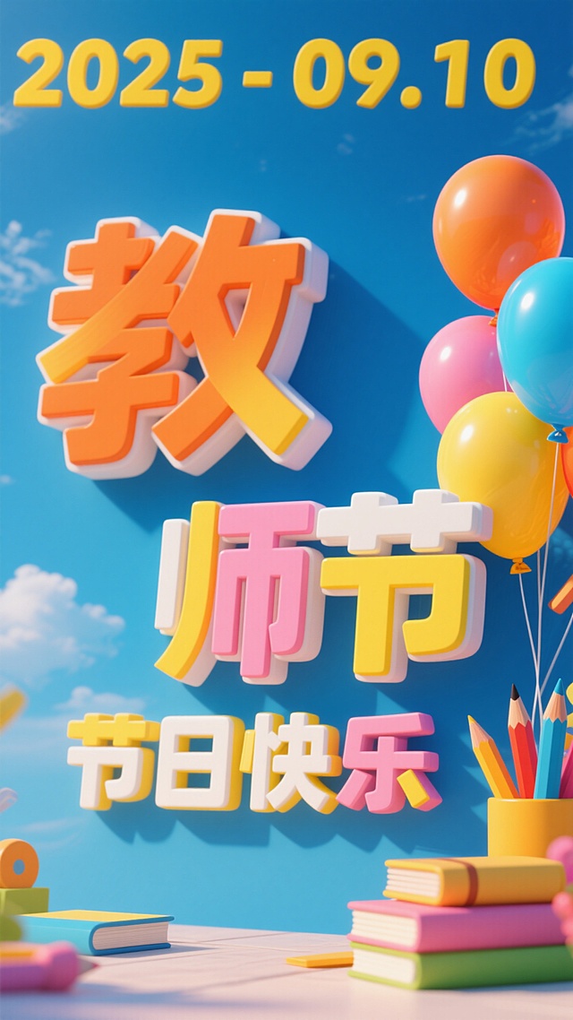 立体字 “教师节” 色彩明快，气球、铅笔、书本点缀，活力满满，致敬师者