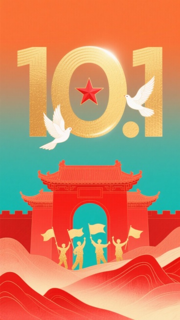 从暖红色到橙色渐变的绚丽背景，好似绚烂晚霞铺满画面。画面中央焦点是巨大的金色 “10.1” 数字，数字线条流畅，散发着耀眼光芒。其中 “0” 里镶嵌着一颗鲜艳的红色星星，
围绕着金色数字，白鸽优雅地展预览效果