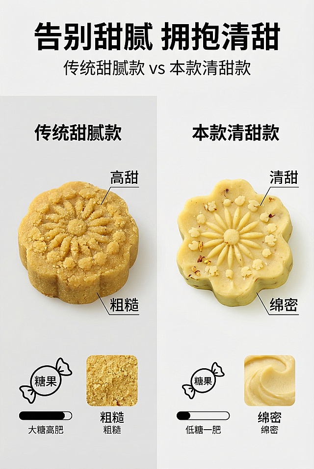 2:3竖屏，对比直观信息风，严格还原上传产品图的花型造型、颜色、桂花碎分布、质地质感等所有细节，产品尺寸比例保持1:1。主标题「告别甜腻 拥抱清甜」，副标题「传统甜腻款 vs 本款清甜款」，画面左右分栏对比：左侧为传统绿豆糕，标注高甜、粗糙；右侧为本款产品，标注清甜、绵密，用图标标注甜度、细腻度对比。背景为浅灰色留白，所有文字采用统一无衬线字体，排版对称，直观展示产品优势。避免对比模糊，避免过度修图，避免文字拥挤，避免颜色杂乱，避免非对比相关元素。