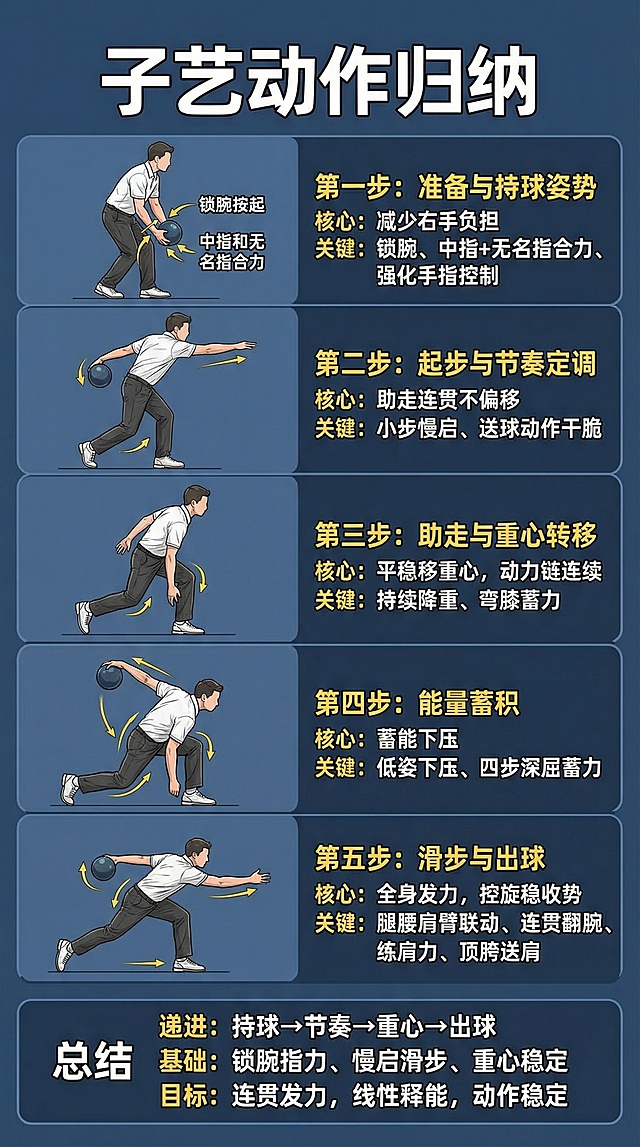 子艺动作归纳 
一、AI绘画提示词（竖版16:9适配）
竖版16:9尺寸，保龄球主题
二、卡片核心重点短句/词语（精简适配）
子艺动作归纳
第一步：准备与持球姿势
核心：减少右手负担
关键：锁腕、中指+无名指合力、强化手指控制
第二步：起步与节奏定调
核心：助走连贯不偏移
关键：小步慢启、送球动作干脆
第三步：助走与重心转移
核心：平稳移重心，动力链连续
关键：持续降重、弯膝蓄力
第四步：能量蓄积
核心：蓄能下压
关键：低姿下压、四步深屈蓄力
第五步：滑步与出球
核心：全身发力，控旋稳收势
关键：腿腰肩臂联动、连贯翻腕、练肩力、顶胯送肩
总结
递进：持球→节奏→重心→出球
基础：锁腕指力、慢启滑步、重心稳定
目标：连贯发力，线性释能，动作稳定