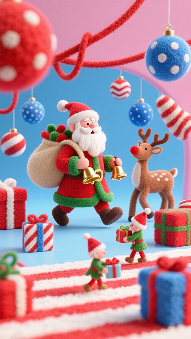 主体是圣诞老人（身着红袍绿边服饰，白胡子，手持金色铃铛，肩扛米色礼物袋），身旁伴红鼻驯鹿；周围环绕多彩礼物盒（含红、蓝、带白点、红白条纹等样式）、圣诞装饰球（红白条、蓝白等图案）、戴红帽的小精灵（有的搬运礼物）；背景为粉蓝色，底部饰红白条纹。角色动作富有动感，构图层次丰富，以圣诞老人为视觉核心，元素环绕分布