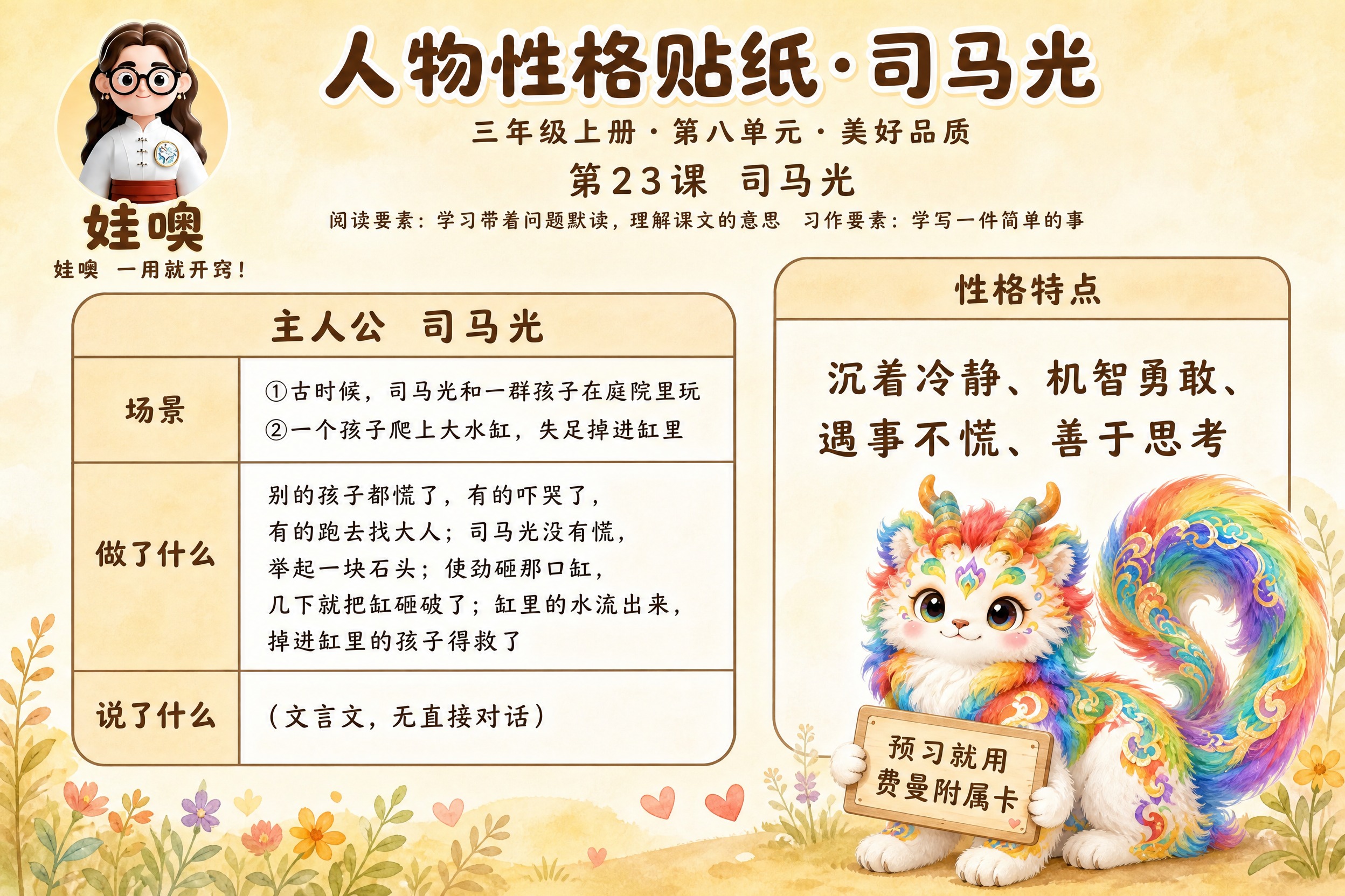 参考图1的版式骨架和暖色调水彩手绘风格，生成A4横版语文学习卡… - 图片创意预览