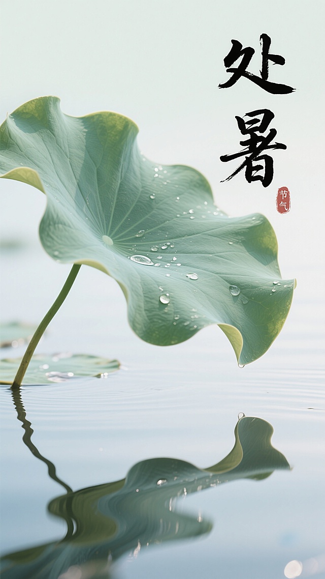 国风水墨处暑节气海报，以淡绿荷叶、水面倒影为元素，搭配毛笔字“处暑”