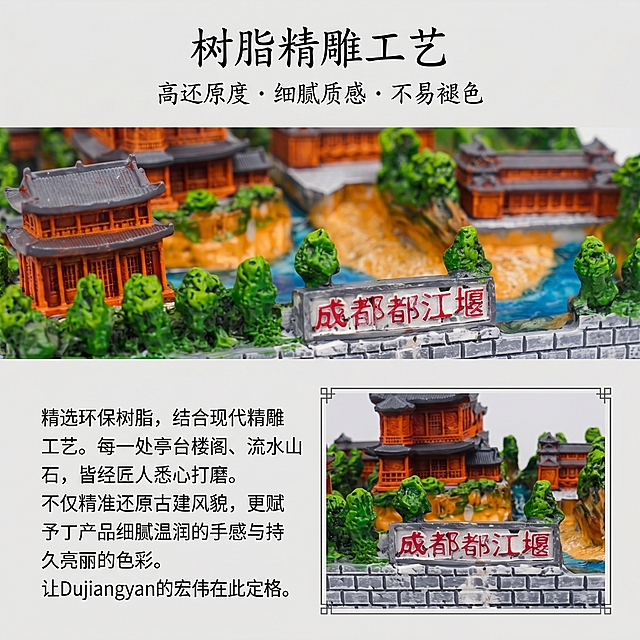 第4张｜卖点2：树脂精雕工艺，主标题：“树脂精雕工艺”，副标题：“高还原度 · 细腻质感 · 不易褪色”，杂志级高级国风排版，写实文创风，严格还原上传的产品图，包括包装设计、颜色、LOGO位置、文字内容、图案元素等所有细节；产品尺寸16cm×20cm×6cm，尺寸比例保持1:1；信息布局：顶部居中主副标题（统一国风楷书），画面上半部分为产品材质特写（树脂纹理、色彩过渡），下半部分左侧为工艺说明文字（简洁凝练），右侧为产品局部雕刻细节放大图；排版形式：上下分区+细节放大，工艺说明文字采用左对齐，放大图带简约国风边框，文字与图片呼应；设计感强调：底色为浅灰色，主色调橙棕色、草绿色点缀，材质特写突出树脂的光滑质感，色彩过渡自然，放大图清晰展示雕刻纹路，8K高清画质，光影柔和，无多余装饰，突出工艺卖点，风格统一；避免：模糊低清、树脂质感失真、雕刻细节模糊、颜色褪色、文字杂乱、非1:1竖屏、比例失真、风格割裂、材质纹理错误