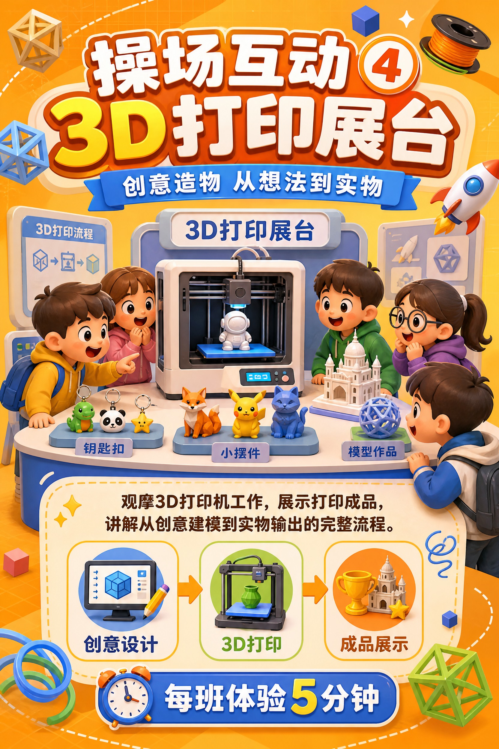 卡通科技风宣传手册内页，操场互动篇——3D打印展台，A4竖版。… - 图片创意预览