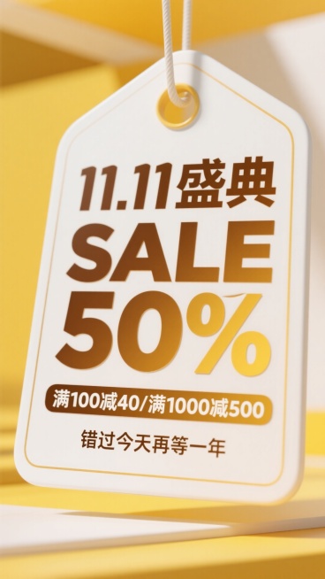 一个巨大的白色吊牌样式。中间文案（主标题棕黄色粗体“11.11盛典 SALE 50%”，副标题“满100减40/满1000减500”。下方文案“错过今天再等一年”）。背景黄白色系对比预览效果