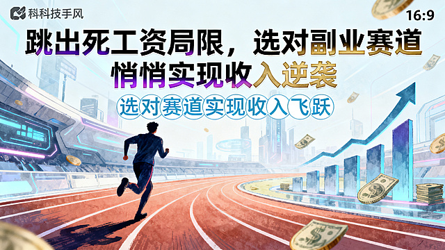 科技感手绘风16:9海报，主标题:"跳出死工资局限，选对副业赛道，悄悄实现收入逆袭"，副标题="选对赛道实现收入飞跃"，主副标题分明，使用黑体和圆体，主标题用渐变紫金色字体，副标题用浅蓝色字体，背景是未来感跑道赛道场景，搭配奔跑向前的人物剪影，跑道和金钱向上增长图表元素，整体科技感手绘风格