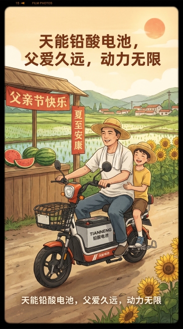 父亲节夏至主题铅酸电池海报，竖版9:16，夏日乡村小路场景，父子一起电动车出游，路边西瓜摊，包含父亲节元素，突出铅酸电池产品预览效果