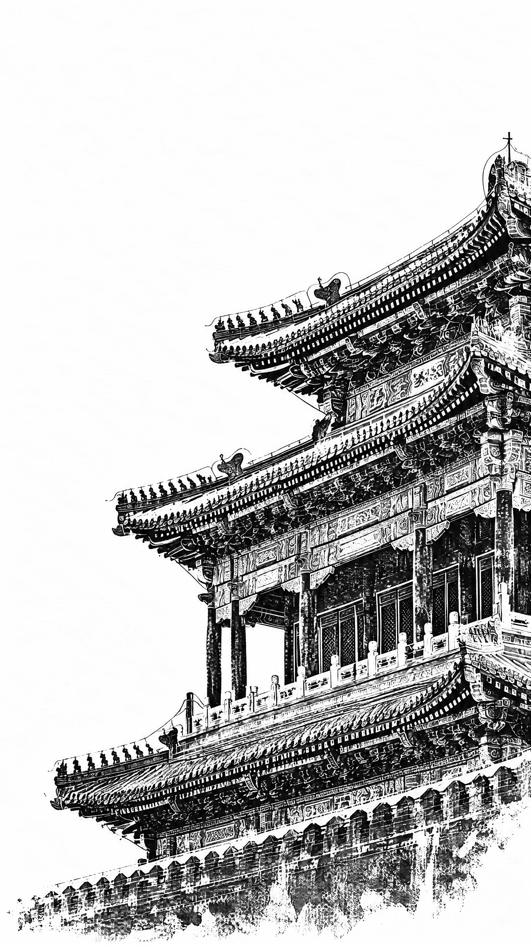 黑白建筑拓印画，故宫角楼蘸浓墨印在宣纸上，自然斑驳的颗粒墨痕，… - 图片创意预览