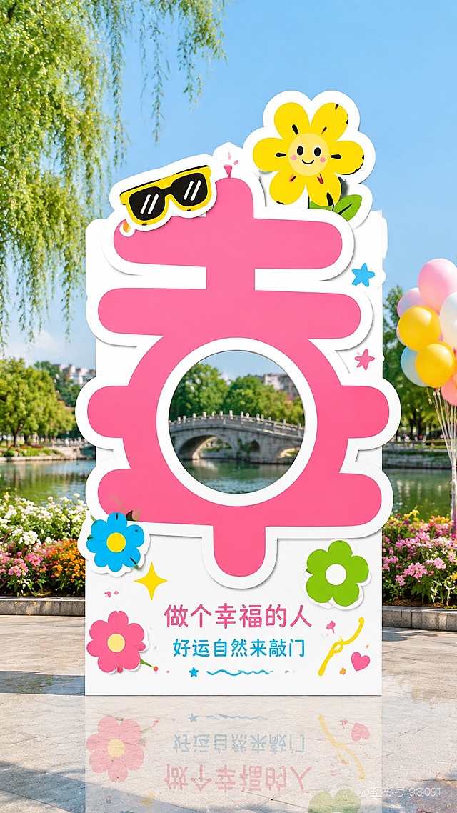 参考示例图风格，设计一块独立白色竖版 KT 拍照立牌，单独展示汉字：幸，字体是卡通圆润粗体大字，字体带粗白色外描边，字内部做大圆形镂空拍照框，使用明亮马卡龙配色，搭配可爱卡通小花、星星、墨镜趣味贴纸装饰，板子底部配简短温柔治愈短句，背景是晴朗白天，树叶花朵、小桥流水、气球，地面有立牌倒影，写实摄影，高清，明亮自然光，氛围感亲子活动美陈