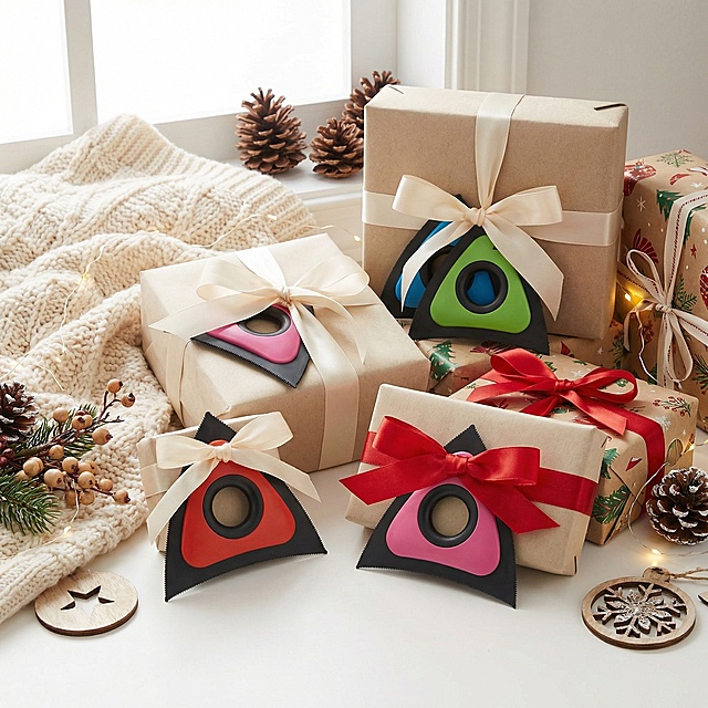 A cozy festive product image featuring colorful triangular scrapers styled as small practical gifts beside wrapped presents, soft ribbon, and warm neutral holiday decor. Each product keeps exact same shape as the reference image: small triangular scraper with black outer edge, circular finger hole in center, smooth colored inner panel, realistic proportions, polished plastic texture. Cheerful but clean composition, elegant soft lighting, soft natural lighting, high detail, bright giftable colors, premium giftable lifestyle photography, US e-commerce style, square 1:1, no text, no watermark, no logo.