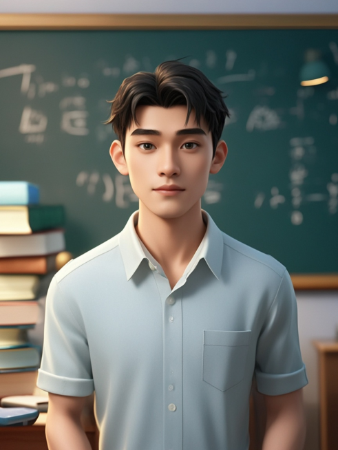 迪士尼风格，3D角色，一名20多岁的中国男教师，五官端正，背景有书本，黑板预览效果