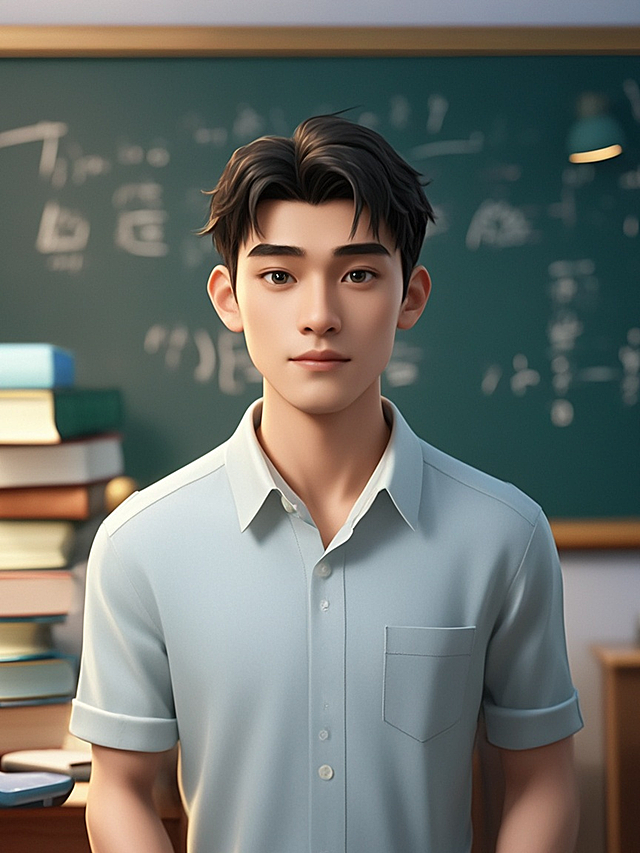 迪士尼风格，3D角色，一名20多岁的中国男教师，五官端正，背景有书本，黑板