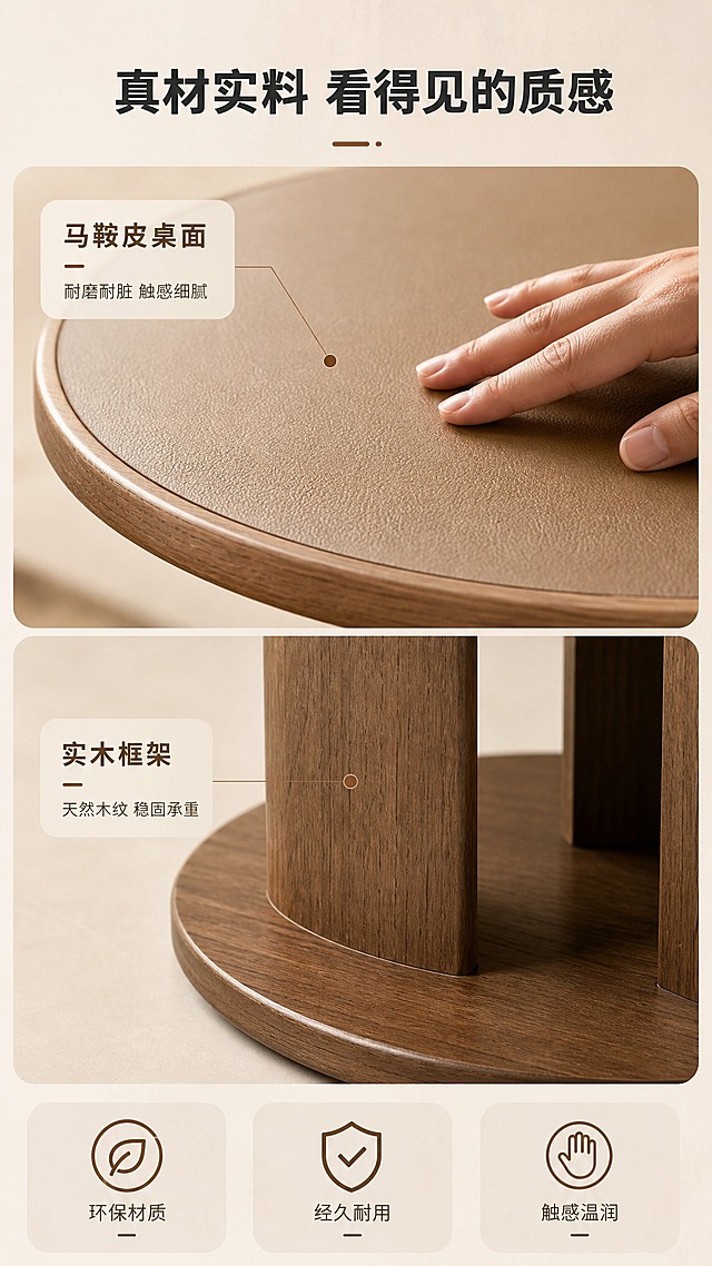 [商品] 使用【图1】圆形马鞍皮实木边几，保留圆形桌面、单柱支撑、圆盘底座结构，材质为木框架+马鞍皮+实木，重点展示桌面马鞍皮纹理与实木框架细节。
[画面] 目标：材质证明页，微距特写展示材质质感与工艺。上下分栏构图，上半区马鞍皮桌面微距特写（手部轻轻触摸桌面），下半区实木框架+底座木纹特写，产品局部占画面约70%；背景为浅米色柔光背景，突出材质纹理。
[视觉] 套系策略：风格=现代侘寂极简家居商业摄影；标题字=思源黑体粗体；正文字=思源黑体常规；主色=暖木棕；背景延展=基于暖木棕做深浅层级、奶白渐变和细腻微水泥/原木质感；强调色=焦糖棕，仅用于小面积图标、引线和标签；标题色=深炭灰；正文色=中暖灰；组件=圆角浅底信息卡、细线引线、胶囊卖点框；光影=左前侧暖柔光，柔和阴影。
[文字] 顶部主标题"真材实料 看得见的质感"，上半区旁标注"马鞍皮桌面 · 耐磨耐脏 触感细腻"，下半区旁标注"实木框架 · 天然木纹 稳固承重"，底部3个icon标签"环保材质""经久耐用""触感温润"；文字横排，字号清晰。
[规格] 图片比例9:16竖版，4K，避免变形、错字、文字过小、冷蓝/蓝灰背景、产品颜色改变、纹理失真。