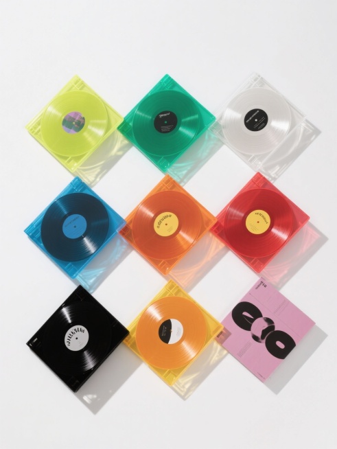9张不同样式、不同配色的彩色透明黑胶唱片，每张唱片都有独特的封面设计，唱片与封面以45度角斜放堆叠，整齐排列成3x3网格布局，白色背景，光线均匀柔和，突出唱片的色彩和纹理细节，整体呈现出清新、时尚、富有艺术感的视觉效果。预览效果