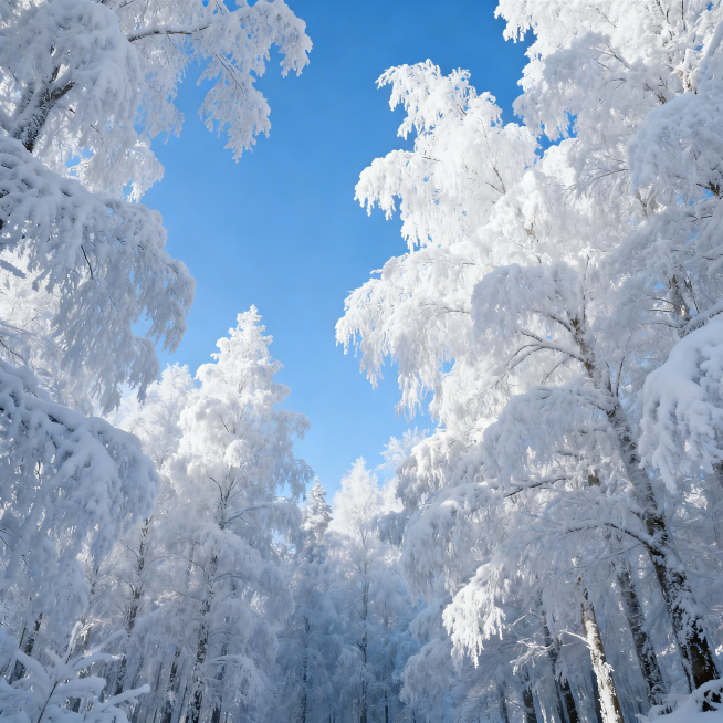 超写实风景摄影，冬日雾凇景观，树木的枝条上挂满蓬松洁白的雾凇，澄澈的蓝天作为映衬，整片森林银装素裹，冰雪的纹理细节清晰逼真，自然光柔和明亮，空气通透清冷，画面质感细腻真实，尽显冬日纯净氛围预览效果