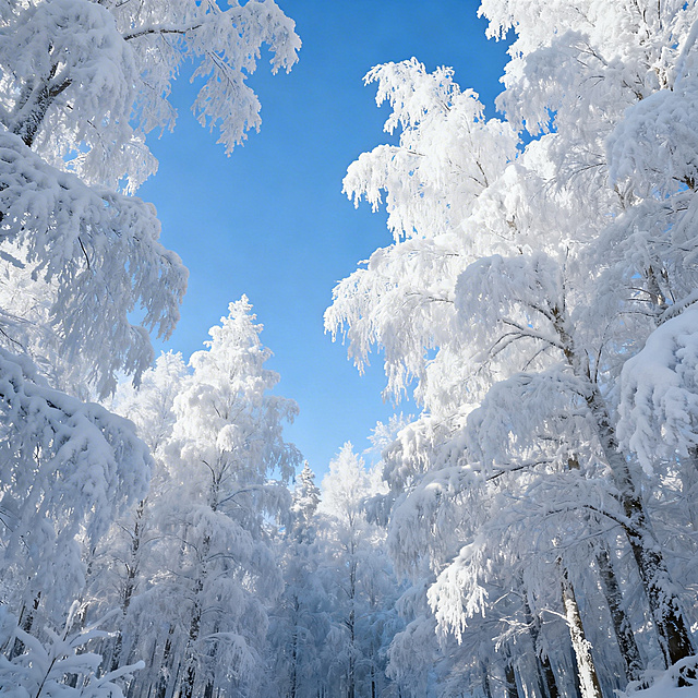 超写实风景摄影，冬日雾凇景观，树木的枝条上挂满蓬松洁白的雾凇，澄澈的蓝天作为映衬，整片森林银装素裹，冰雪的纹理细节清晰逼真，自然光柔和明亮，空气通透清冷，画面质感细腻真实，尽显冬日纯净氛围