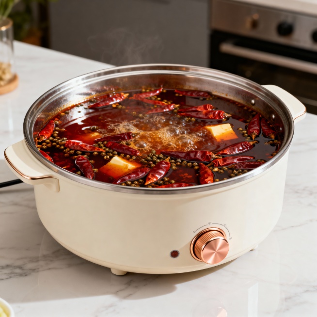 写实风格锅具摄影图，外观精致的米白色圆形一体式电火锅，搭配玫瑰金旋钮置于干净的大理石餐桌上，锅内是沸腾的牛油红汤火锅，漂浮着大量干辣椒和花椒，背景是虚化的厨房场景，锅具清晰且细节丰富，商业产品摄影质感预览效果