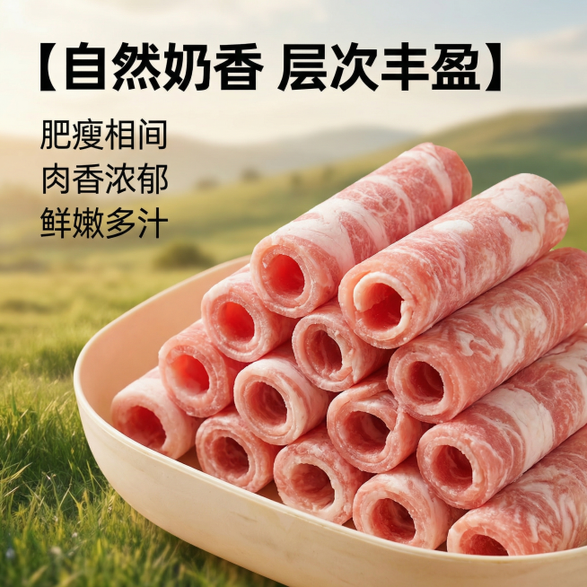 [主图 2] 优质羊肉风味卷核心亮点展示，品质溯源
[氛围/风格] 自然牧场生鲜风格，柔和自然光，突出新鲜品质感
[画面元素] 保留原图片羊肉卷主体外观不变，背景融入淡淡的牧场草地远景，整体干净不抢主预览效果