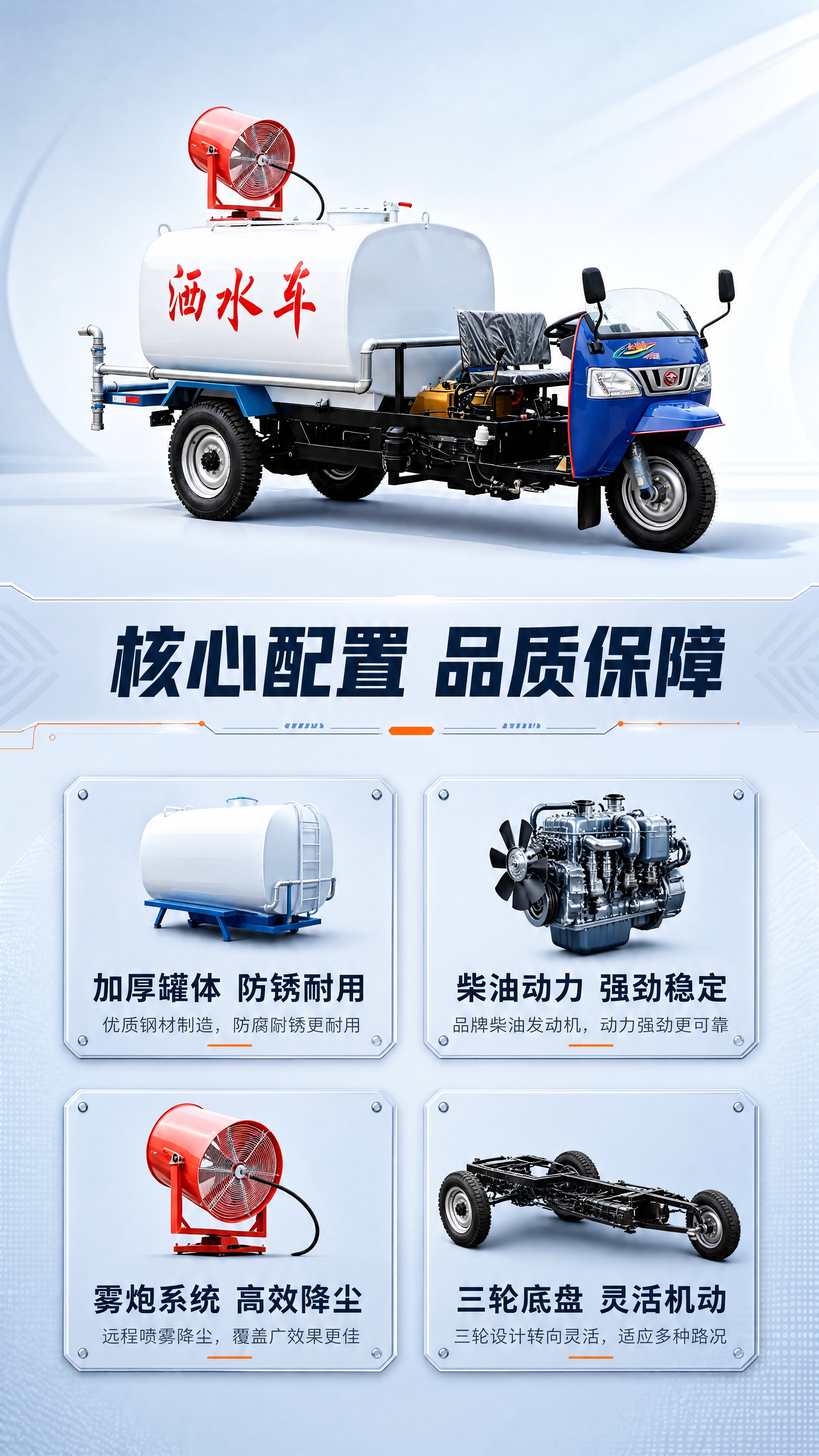 [商品] 使用【图1】柴油三轮洒水车；保留蓝色车头、白色水罐（… - 图片创意预览