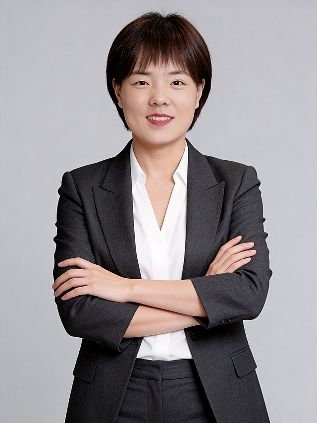 参考第一张图保留人物脸型､年龄等特征生成职场形象照,参考第二张图人物占位和比例,标准焦段50mm,F/4光圈(F/2.8-F/4区间),平视视角(镜头与人物视线齐平);人物占画面70%,人物居中(居中构图),位于画面中心,为视觉聚焦点,入境范围头部及以下至臀部下方10cm(半身像);左右留少量背景空间;头部与画面顶部保留5%空间;头部发型完整;头肩比例协调,主体锐利,美颜磨皮韩式精致自然的浓妆,均匀肤色提亮肤色,外穿V领深灰色西装外套(偏暗),内搭白色V领衬衫;深灰色西裤(偏暗);发质柔顺光泽;双臂交叉于胸前,姿态舒展,传递出自信从容的气场.表情自然,干练;微笑;画质清晰,头部完整,高清棚拍专业摄影人像写真,均匀肤色,头部完整,结构准确;光比1:1.5,4800K中性光,修饰脸型,肤质哑光细腻,面部微微雾面柔光,轻透裸肌感,真实毛孔纹理,32K画质,去除人物之外的所有元素,零噪点降噪,极简中灰度(偏冷)纯色背景｡
