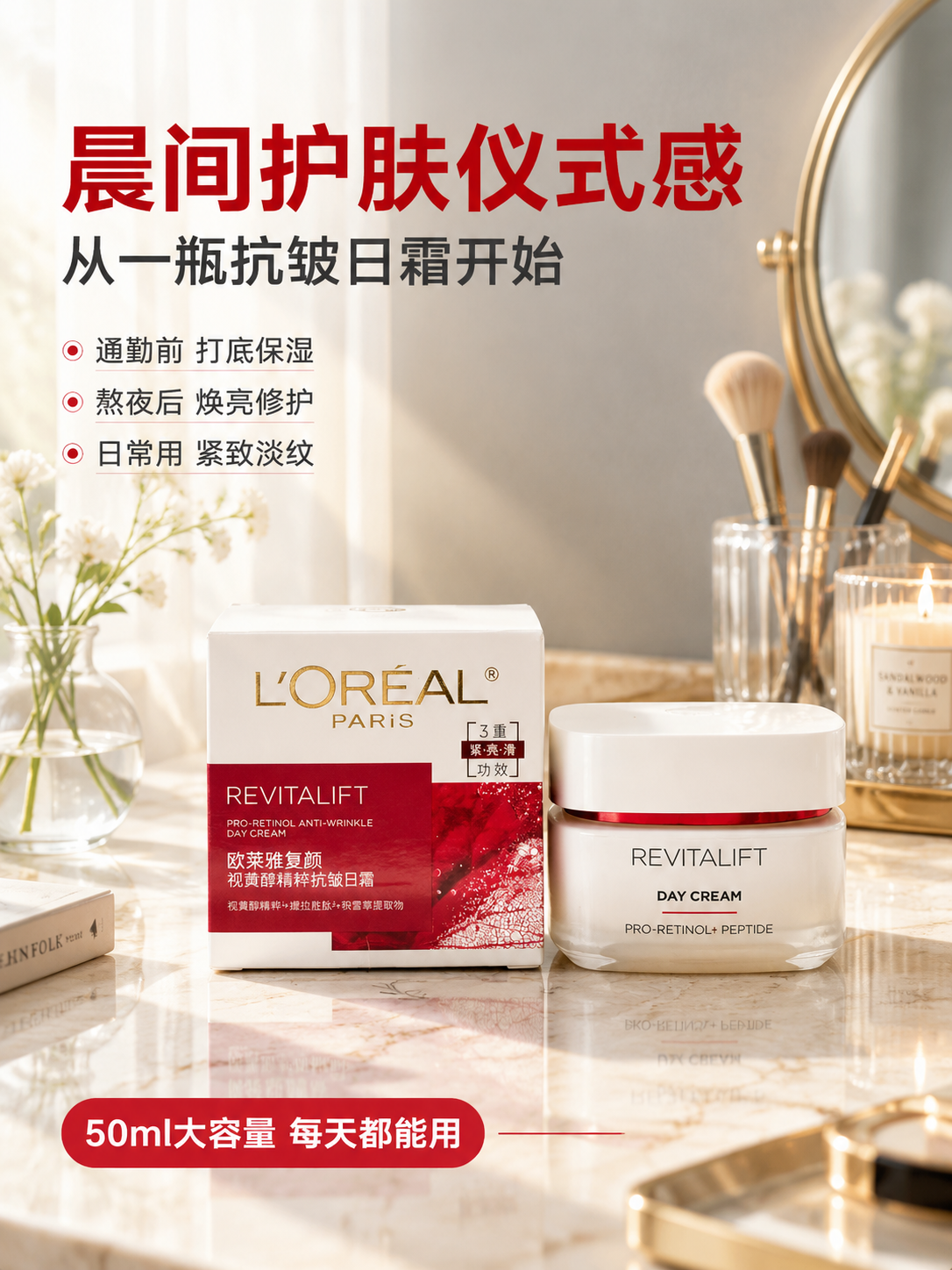 [商品] 使用【图1】欧莱雅复颜视黄醇精粹抗皱日霜；保留白瓶红… - 图片创意预览