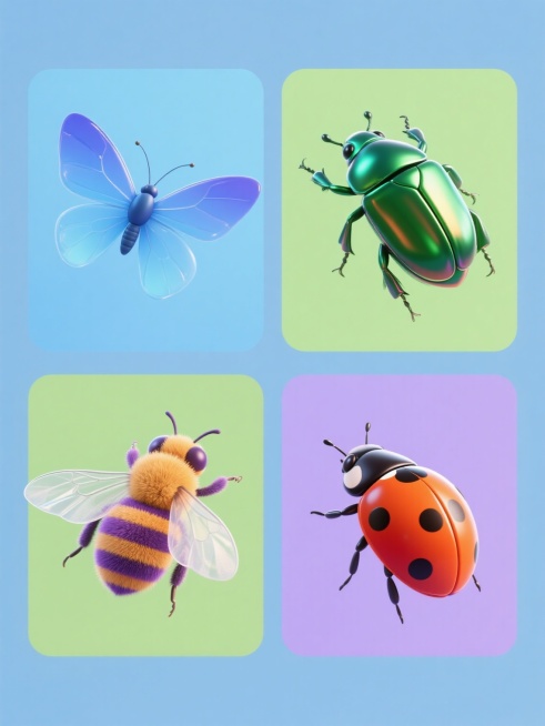 系列插画，包含四个不同的昆虫元素：一只蓝色渐变身体配透明翅膀的蝴蝶、一只绿色甲壳带金属光泽的甲虫、一只紫色条纹腹部的蜜蜂、一只橙红色带黑色斑点的瓢虫，均采用3D立体风格，表面有细腻的绒毛质感和光泽反射，翅膀透明并带有清晰纹理，每个昆虫姿态自然生动，悬浮于各自独立的纯色背景上（分别为浅蓝、嫩绿、淡紫、暖橙），整体色彩明快鲜艳，四个元素规整排布在同一画面中，形成协调统一的系列感，无文字、LOGO及……预览效果