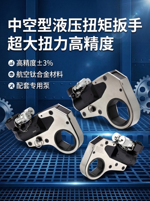 工业风电商详情页首图，主视觉为中空型液压扭矩扳手产品，搭配大字标题"中空型液压扭矩扳手 超大扭力高精度"，下方标注核心卖点：高精度±3%、航空钛合金材料、配套专用泵，背景为简约深蓝色工业质感，整体风格预览效果