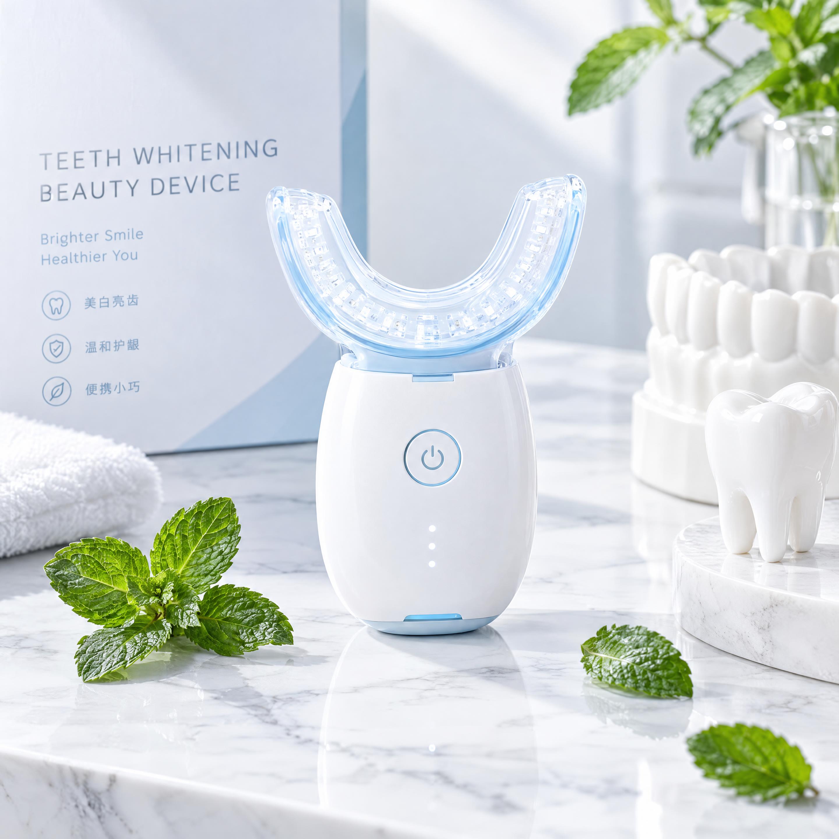 一款现代简约风格的美牙仪商品图，美牙仪主体为白色搭配淡蓝色点缀… - 图片创意预览