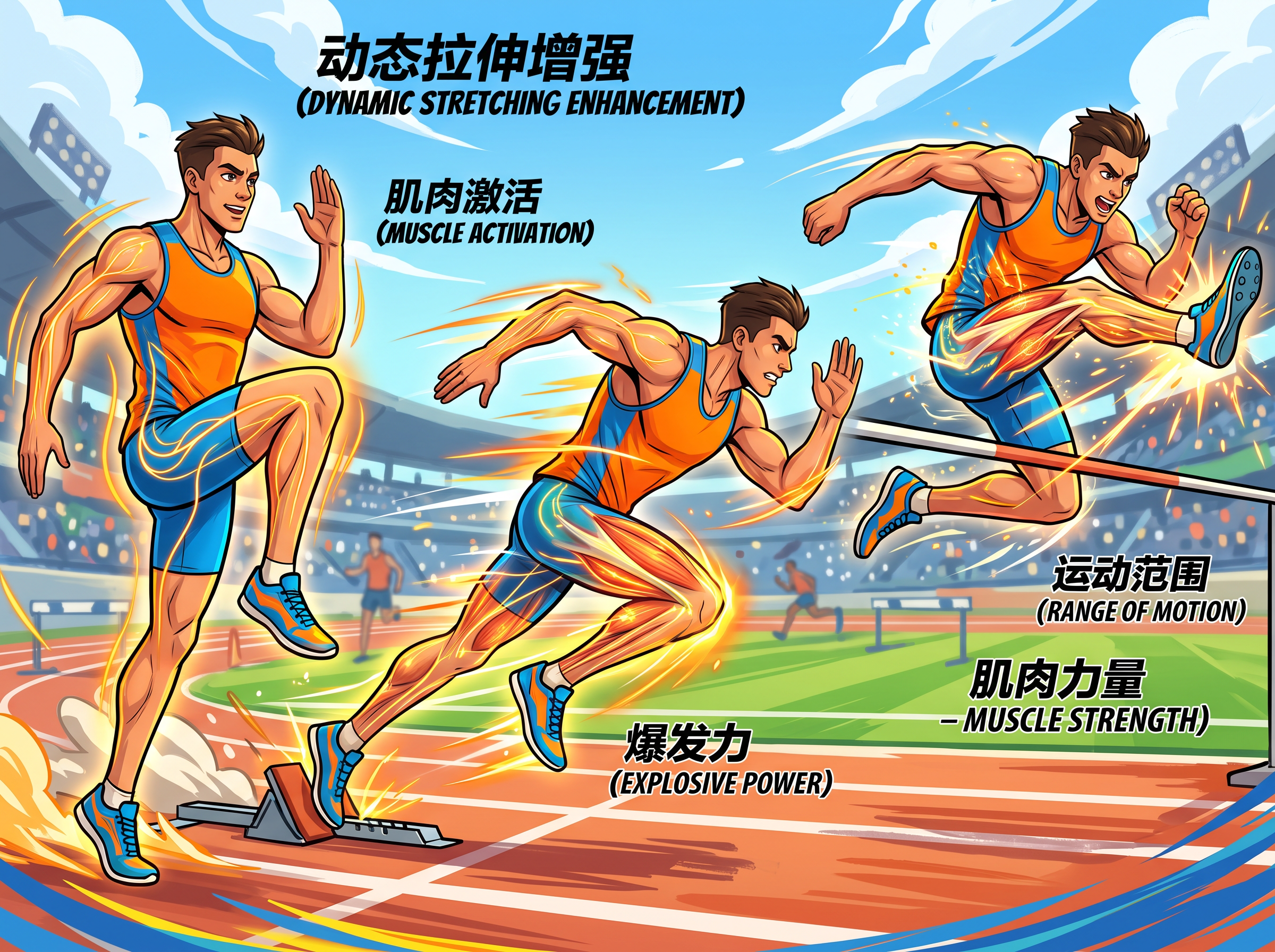 动态拉伸增强运动表现的动画风格插图，展示运动员进行动态拉伸后进… - 图片创意预览