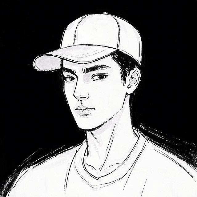 一个酷酷的半头男生，戴鸭舌帽，白色背景