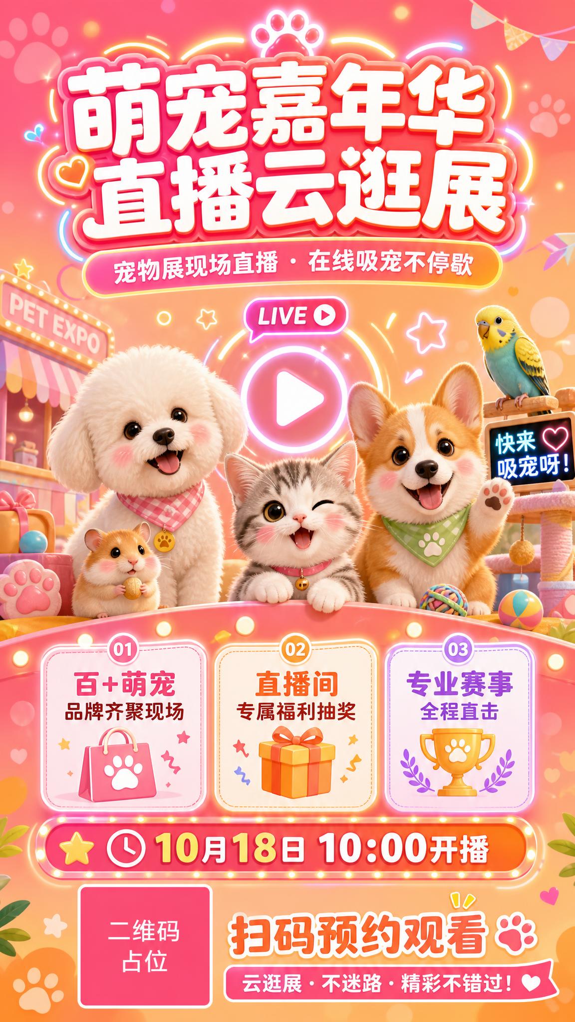 宠物展直播宣传海报，可爱萌系风格，温馨活泼氛围。画面顶部居中大… - 图片创意预览