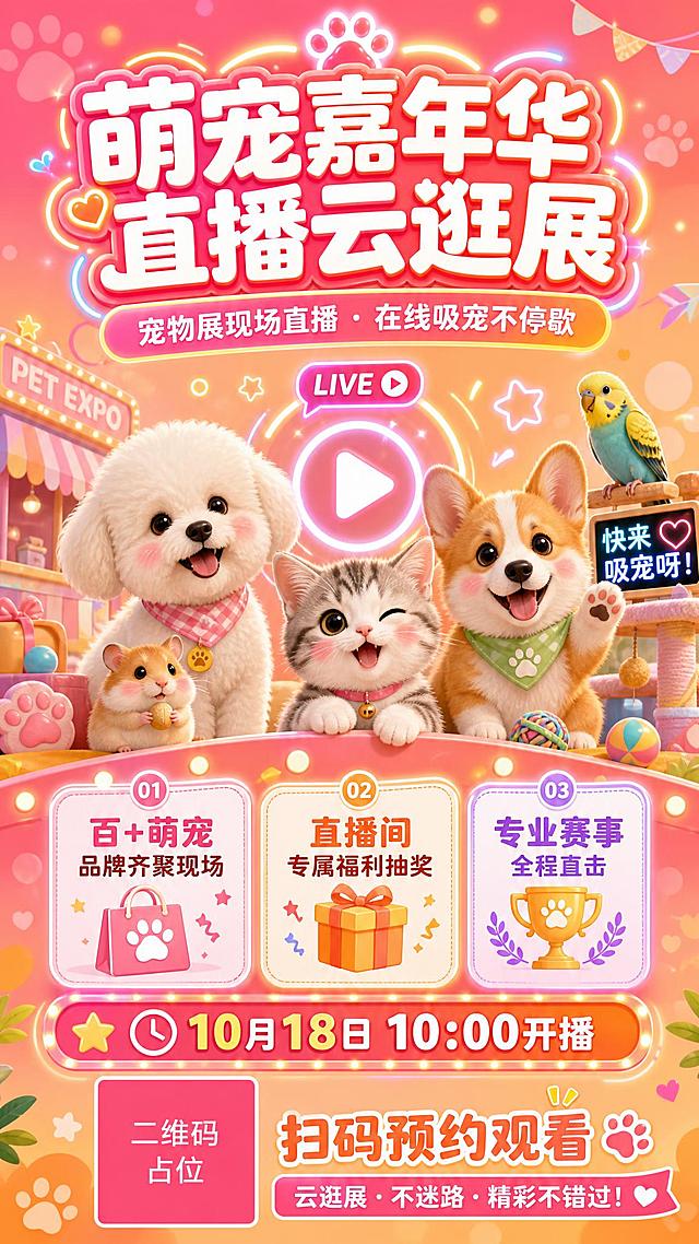 宠物展直播宣传海报，可爱萌系风格，温馨活泼氛围。画面顶部居中大标题"萌宠嘉年华 直播云逛展"，副标题"宠物展现场直播 · 在线吸宠不停歇"。画面中部有可爱的猫咪、狗狗、仓鼠等萌宠元素围绕，搭配直播播放按钮图标和霓虹光效。下方信息区展示三条亮点："百+萌宠品牌齐聚现场"、"直播间专属福利抽奖"、"专业赛事全程直击"，以及直播时间"10月18日 10:00开播"。底部有二维码占位符（纯色方块中央标注"二维码占位"文字）和"扫码预约观看"引导语。背景采用粉橙渐变，搭配光斑、爪印装饰元素，整体明亮温馨充满活力。版式精美，层级分明，文字清晰可读。画面中所有信息区域必须填充完整合理的内容，不得出现空白框或待填写区域。画面中所有二维码区域使用纯色方块占位符呈现，方块中央标注"二维码占位"文字，严禁生成任何可识别的二维码图案。