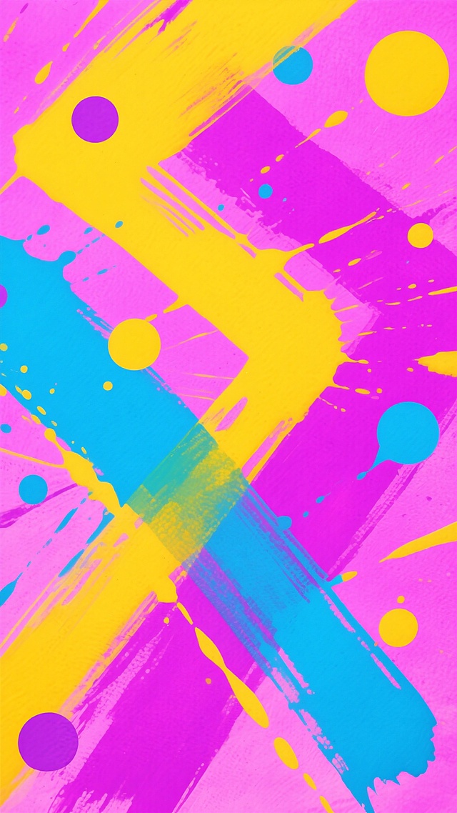 抽象表现主义风格水彩画背景，以明亮饱和的粉紫色为基调，融合大面积鲜艳的黄色与蓝色笔触，呈现出充满动感的泼溅与流淌效果。画面中可见粗犷有力的斜向笔触交错分布，边缘带有自然的晕染过渡，点缀着大小不一、色彩各异的圆形色点（包括黄色、紫色、蓝色），整体色彩对比强烈且和谐统一，具有强烈的视觉冲击力和艺术张力。炫彩纹路以不规则的几何色块和有机流动的线条交织呈现，色彩过渡自然且富有层次感，营造出欢快、热烈而充满活力的氛围，适合作为具有现代艺术感的背景设计。