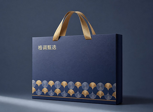 将参考图的平面设计转化为高端手提礼盒效果图，礼盒为深蓝色，表面有细微肌理质感，正面左上角有烫金效果的金色文字“格调甄选”，礼盒底部保留参考图中的蓝金色圆形波纹装饰图案，提手为金色绸带材质，画面主体是礼盒，简约雅致的高端产品摄影风格，柔和光影，突出礼盒精致质感，商业产品摄影，干净背景