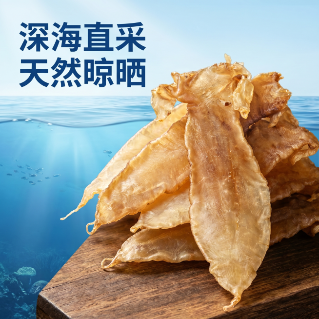 [主图 6] 深海源产地展示
[氛围风格] 原生态天然洁净氛围，突出天然属性
[画质] 商业摄影质感，光线柔和通透，产品清晰真实，画面干净高级，超高清
[元素] 本产品干鱼胶放置在前景，背景是纯净干净预览效果