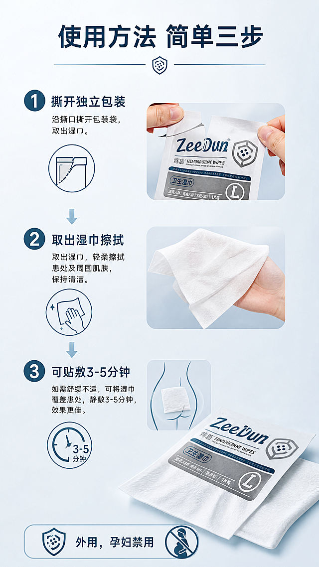 [第4张] 使用方法页-ZeeDun痔盾卫生湿巾使用步骤演示。本张使用【图5】作为湿巾展开主体。
[氛围/风格] 清晰易懂的说明风，干净简约，商业摄影质感。
[元素布局] 画面采用三步流程纵向排列，从上到下依次展示：第一步撕开铝箔包装、第二步取出湿巾擦拭、第三步贴敷3-5分钟；每步配简约图标和编号；右侧或底部展示展开的湿巾实物，占比约35%；背景为浅蓝灰色渐变，步骤间用箭头连接。
[光影质感] 均匀柔光，湿巾材质纹理清晰，整体明亮干净。
[配色色系] 全局底色 #F2F6F8 浅蓝灰；主色 #1A6B8C 深蓝；辅助色 #6BA8BC 浅蓝、白色、浅灰。
[视角构图] 正面平视，纵向三步流程布局，阅读动线从上到下逐步阅读。
[文字版式] 版式为纵向三步流程 + 右侧产品展示。顶部主标题「使用方法 简单三步」；三步分别编号1/2/3，每步标题+简短说明：「1. 撕开独立包装」「2. 取出湿巾擦拭」「3. 可贴敷3-5分钟」；底部提示「外用，孕妇禁用」；字体清晰黑体，步骤编号醒目。
[比例分辨率] 9:16 竖版比例，4K分辨率，文字清晰可辨，高清画质。
[负向提示词] 产品变形，材质错误，水印，文字过小，人体私密部位展示，低俗擦边。
