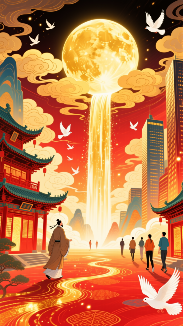 月光如金色的瀑布从圆月（占满画面2/3）上倾泻到底部的全景大地上（左边是古人行走在古建筑间，右边是现代人行走在高楼大厦间），画面带有发光效果，白鸽飞过，整体画面充斥着华丽的金色和喜庆的红色，奇幻色彩和预览效果