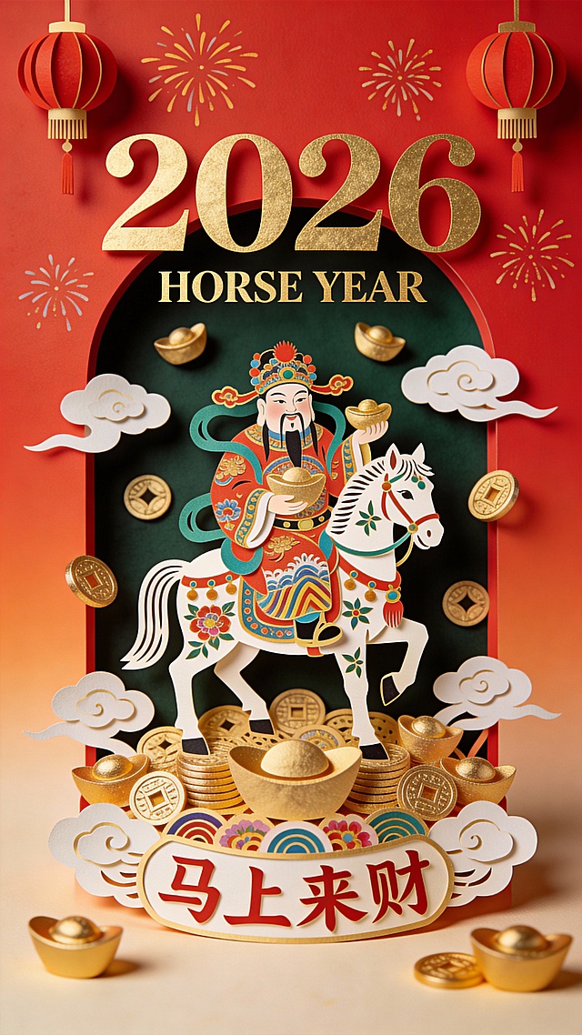 撕纸风与剪纸风结合，重拟物手法呈现财神骑马献宝，浮雕感强，中式复古元素丰富，喜庆红金配色，国潮风十足，寓意“马上来财”，尽显民族年味。