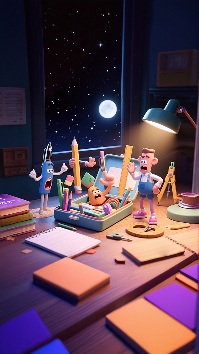 深夜的争吵
月亮爬上窗台时，月光像银沙似的洒在书桌上，但是皮皮的文具盒突然热闹起来。
最先开口的是铅笔，它直起身子喊：“我最厉害！主人写作业、画小动物，哪次离得开我？我才是老大！”
钢笔不服气地说：“哼，那也只是一二年级的事了！现在是我，我才是！”
像皮和修正带一起说：“那你们写错了还不是要靠我们来改正？我们啊才是真正的功臣！”两人得意的击了一个掌，都用嘲讽的神情看着铅笔和钢笔。
铅笔和钢笔更气了，和像皮修正带吵得不可开交。
但，谁也没想到，原本安安静静的尺子和圆规也加入了这场争吵，吵架的声音盖过了所有人。
尺子指着自己的身体，叉着腰说：“主人列竖式的时候，画线段的时候，都是我来画的！我更厉害！”
圆规用力地跺了跺脚，气势凶凶地说：“那主人也会用到我啊！我画的圆，可完美了！”
大家都闹得翻江倒海时，一边的文具盒发了了深沉而平和的声音：“孩子们，都别吵了。你们在这个家庭里都是非常重要的一员，每个人都有自己独特的价值，我们应该去发现别人的闪光点。”
听了文具盒的话，大家都陷入了沉思，想起了自己合作的美好时光。
第二天大家不再争吵，而是相互帮助，和平共处了。
自那以后，文具盒的争吵变成了欢笑，变得更加温馨。它们一直陪伴着皮皮，度过了许多快乐的、充实的学习时光。根据以上小学生作文，生成图片