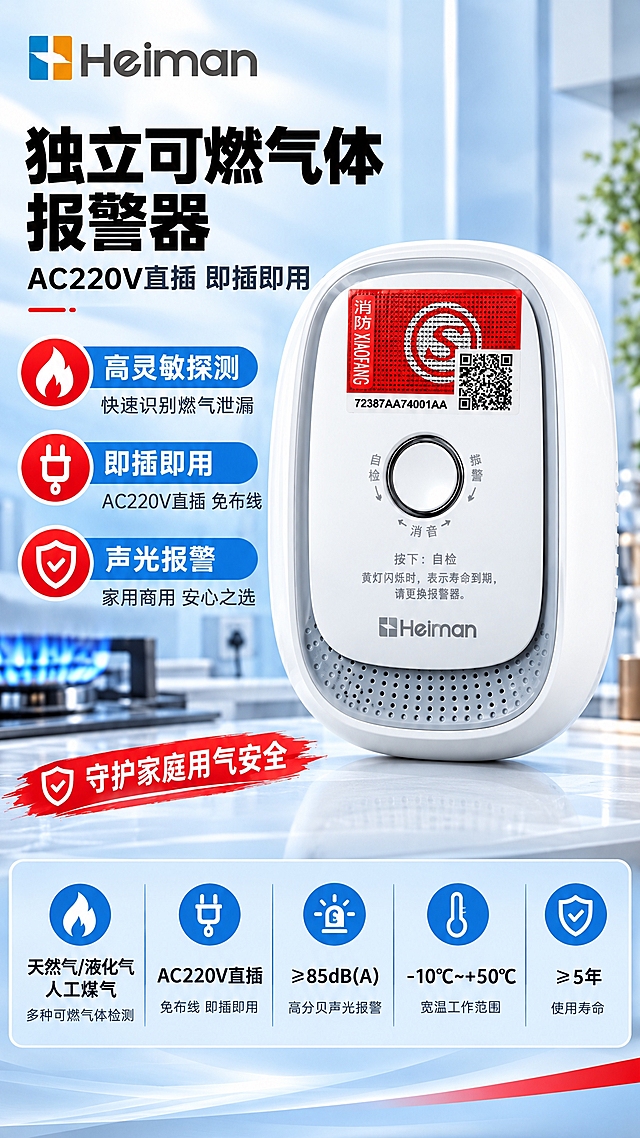 京东电商详情页第1张头图海报，独立可燃气体报警器JT-HS1CG AC220V直插款，产品正面大气展示在画面右侧，占画面约55%，完整保留椭圆白色外观、顶部红色消防认证标签、中间圆形自检按钮、底部Heiman Logo、下方灰色蜂鸣器发声孔等所有细节不变形；左侧上方黑色大字产品名称"独立可燃气体报警器"优先凸显，副标题"AC220V直插 即插即用"，下方三个核心卖点图标配文字：高灵敏探测、即插即用、声光报警；底部浅蓝色信息条带核心参数摘要；左上角Heiman品牌LOGO；报警行业专业配色浅蓝+浅灰+警示红小面积点缀，柔和棚拍光优化背景，排版克制高级，产品体现大气风范，画面充实无空白区域，所有留白用产品优势文字填充；9:16竖版，中文文案，国内电商京东风格