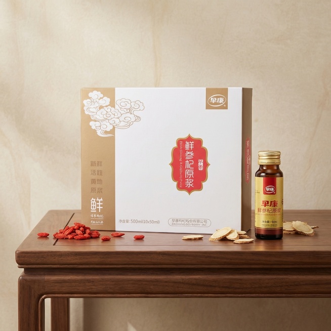 将产品放置在带有简约中式风格的木质桌面上，背景为雅致的浅米色墙面，搭配几株新鲜枸杞和人参切片作为点缀，整体画面高端大气，突出产品养生滋补的属性，吸引消费者目光，提升转化率预览效果