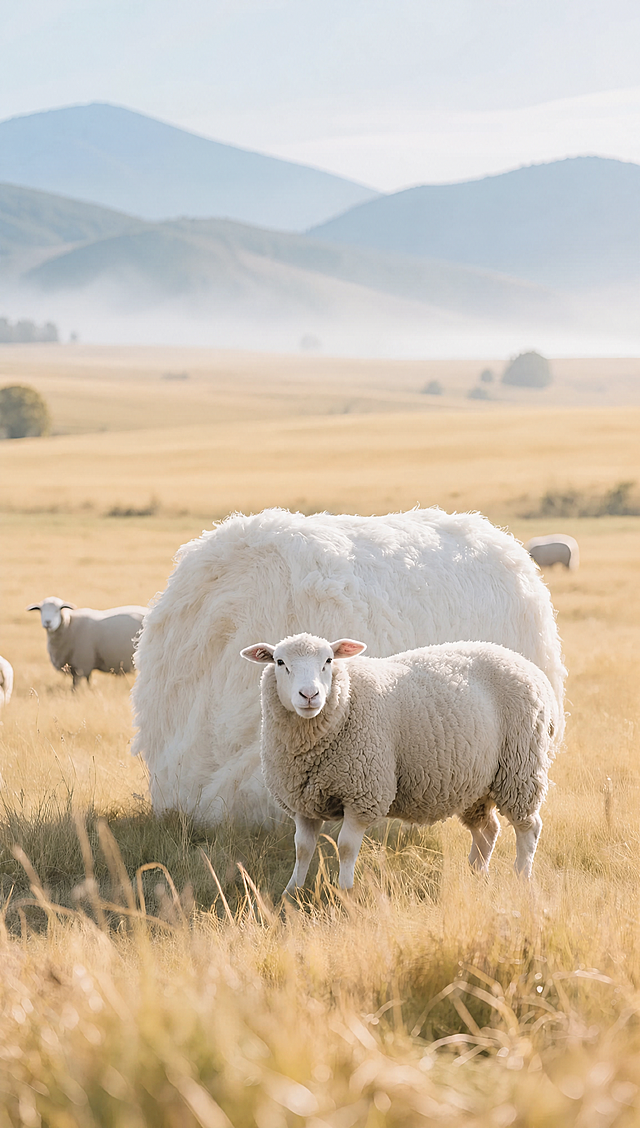 去除图中所有文字内容，包括顶部的NATURAL WOOL、甄献自然级天然绵羊毛、中间的25-30M、37℃恒温、罕选幼龄毛及下方小字、底部的文字和小红书号水印，保持草原绵羊场景完整自然，背景山脉和草原过渡自然，高清画质，细节丰富