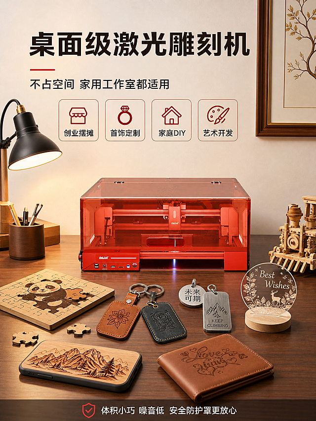 [主图-7 3:4] 桌面使用场景图，展示小型雕刻机在家庭/工作室桌面的真实使用状态。
[统一基调] 淘宝/天猫五金器械风格，专业科技感，暖色调桌面场景，主标题深色粗黑体，强调色红色，整体温馨专业兼具，竖版3:4比例。
[画面] 产品放置在木质工作台中央，占画面40%，周围摆放雕刻成品：木质拼图、皮革钥匙扣、金属挂牌、亚克力摆件。左侧有台灯，背景墙面挂装饰画，营造真实工作室/家庭手工场景。上方标题区，下方成品展示区。
[光影质感] 真实室内自然光+台灯暖光，产品融入场景自然，阴影真实，桌面有木纹质感，雕刻成品细节清晰。
[配色] 背景暖木色+米白墙面，标题深棕色，强调色红色，辅助文字深灰色。
[文字版式] 上方大标题"桌面级激光雕刻机"，副标题"不占空间 家用工作室都适用"。下方4个小图标配文字："创业摆摊""首饰定制""家庭DIY""艺术开发"。底部小字"体积小巧 噪音低 安全防护罩更放心"。
[输出要求] 3:4竖版，1536×2048px，场景真实自然，产品清晰，无水印无平台Logo，禁止悬浮、穿模、错字。