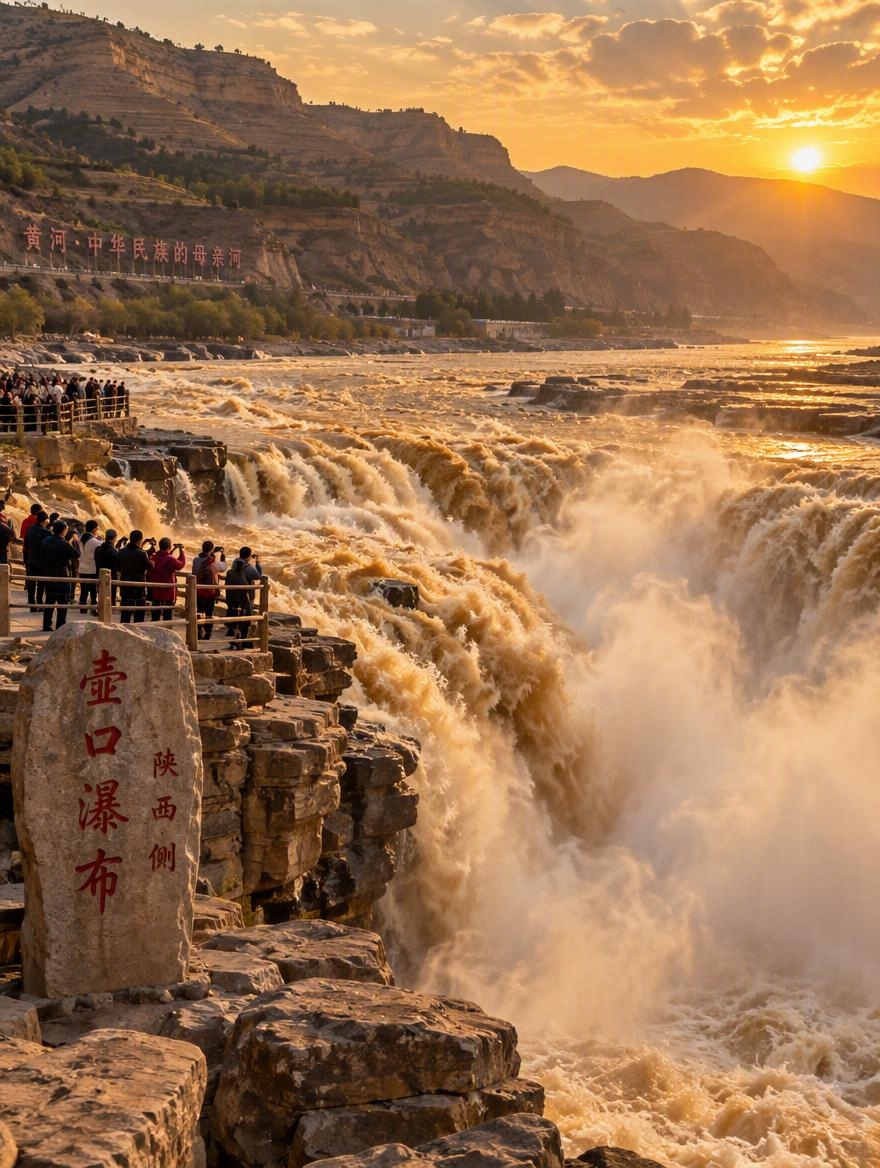 壶口瀑布陕西侧视角全景图，黄河水奔腾而下气势磅礴，激起漫天水雾… - 图片创意预览